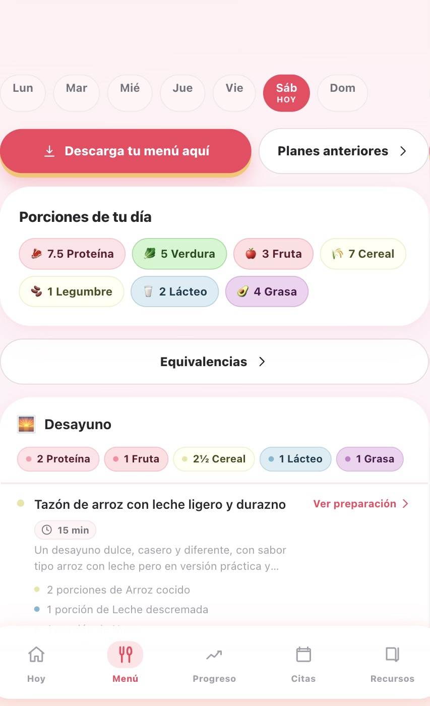 Portal del paciente en el teléfono, mostrando el menú del día con sus porciones